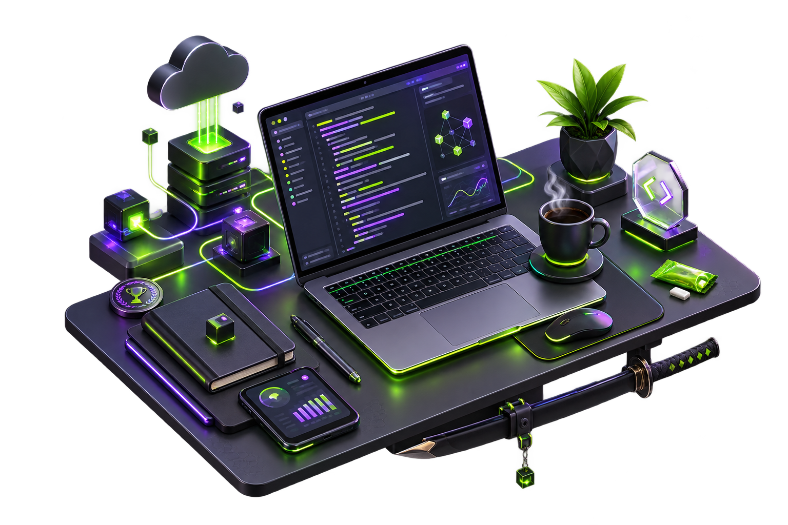 A futuristic developer desk with a laptop, coffee, cloud infrastructure, hackathon badge, chewing gum, and a sword detail.