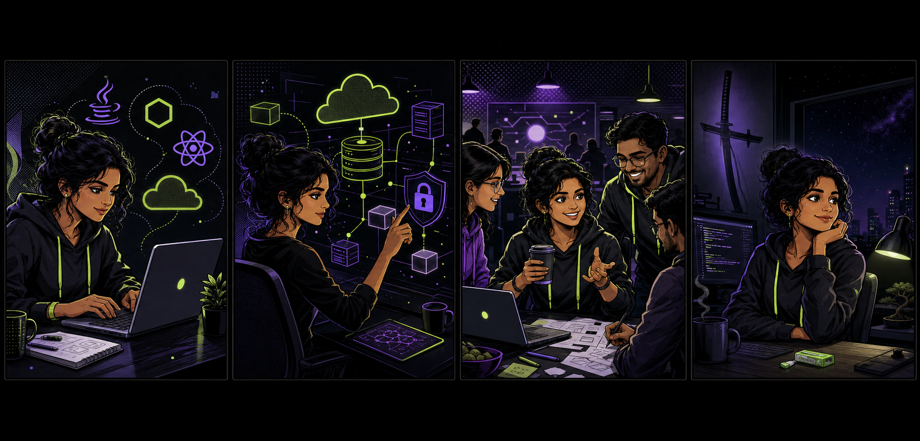 Comic-book illustration of a woman developer coding, building secure systems, connecting with developers, and working late at night.